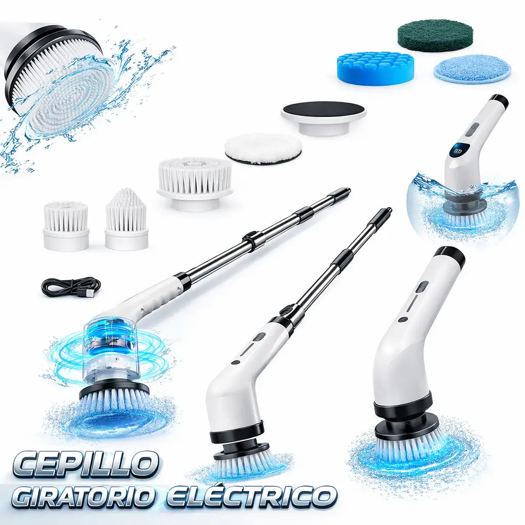 Cepillo Eléctrico Giratorio Inalámbrico: 4 cabezales y mango extendible