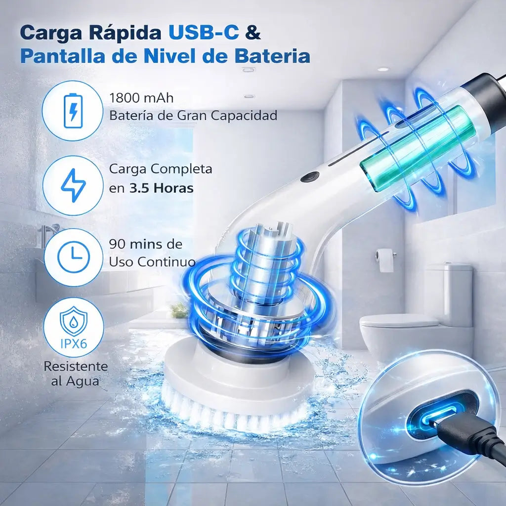 Cepillo Eléctrico Giratorio Inalámbrico: 4 cabezales y mango extendible