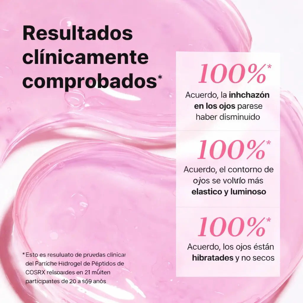 COSRX: Parches de hidrogel con péptidos y colágeno.  Reducen la hinchazón e hidratan las bolsas debajo de los ojos