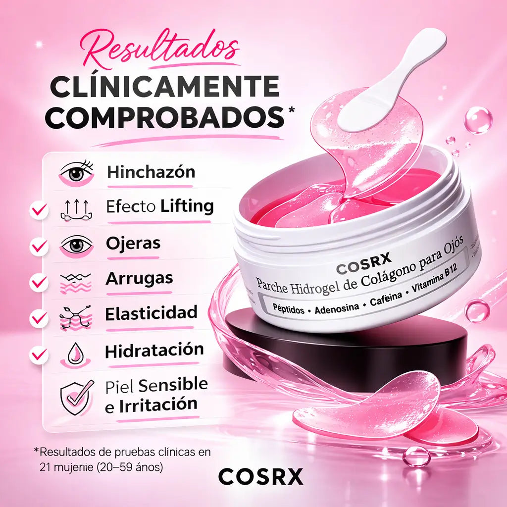 COSRX: Parches de hidrogel con péptidos y colágeno.  Reducen la hinchazón e hidratan las bolsas debajo de los ojos