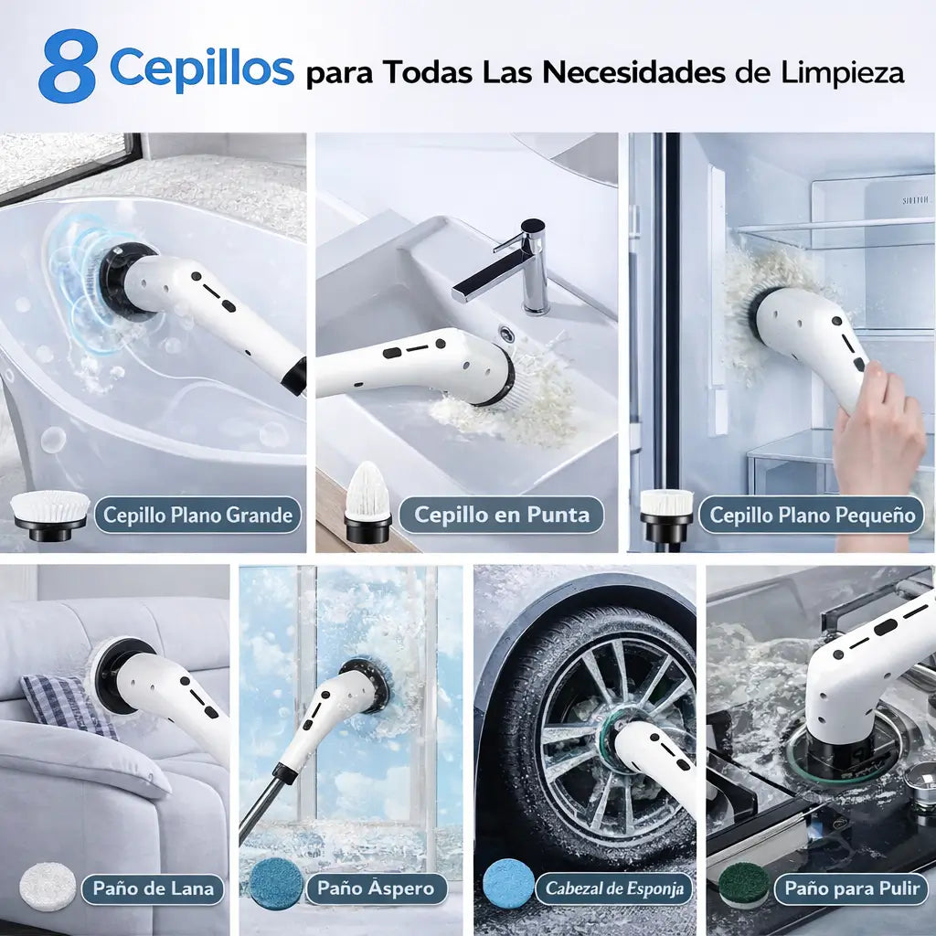 Cepillo Eléctrico Giratorio Inalámbrico: 4 cabezales y mango extendible